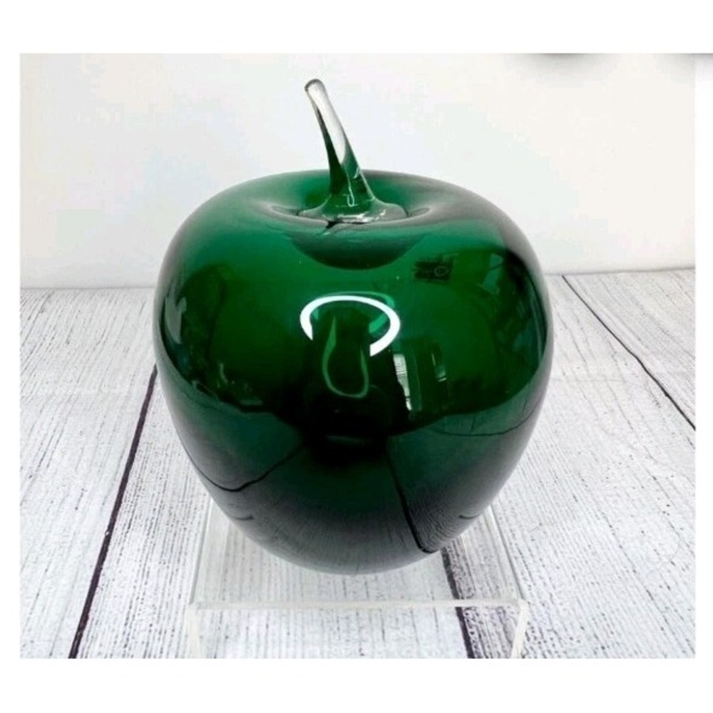 Blenko Hand Blown Glass Weighted Green Apple Paperweight W/ Clear Stem 5 1/2" T